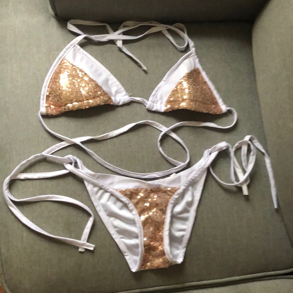 Super cute white w gold sequin string bikini